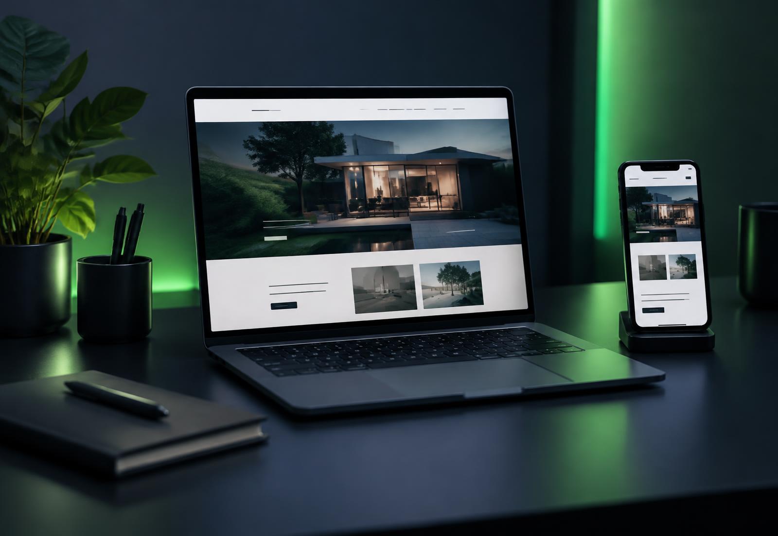 Portátil y móvil mostrando una página web moderna en un escritorio